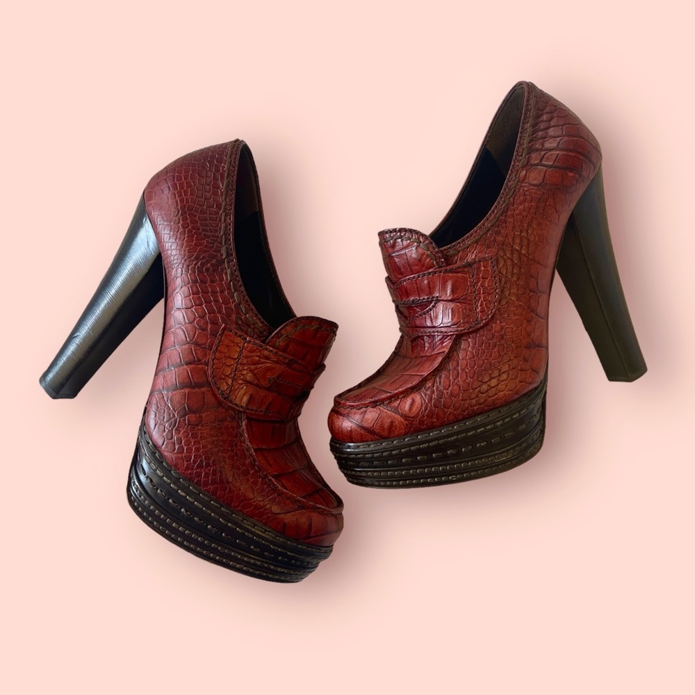 PRADA RED EMBOSSED CROCODILE PLATFORM LOAFERS